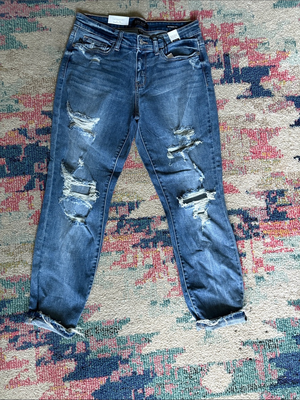Judy Blue Distressed Boyfriend Jeans in Medium Blue Wash